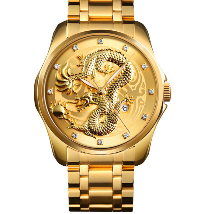 Mens Dragon Embossed Quartz Calendar Watch