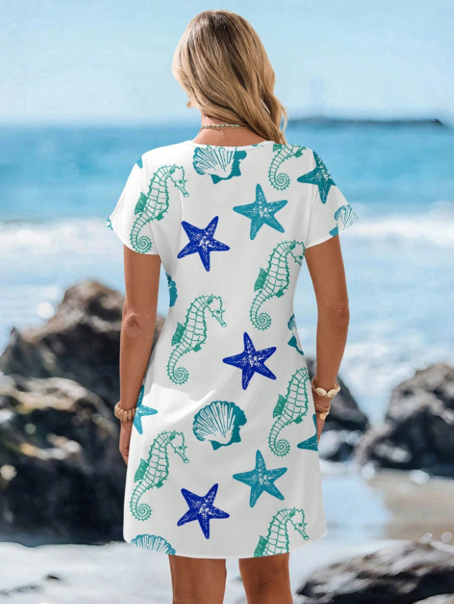 V-Neck Starfish Print Short Sleeve Dress