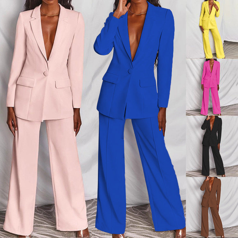 Womens Long Sleeve Blazer Straight Leg Pants Suit Autumn Elegant Trousers Set