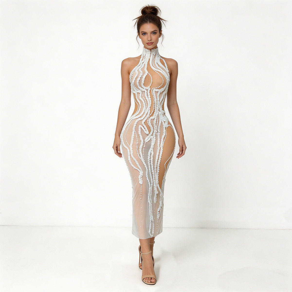 Elegant Pearl Embellished Spandex Dress