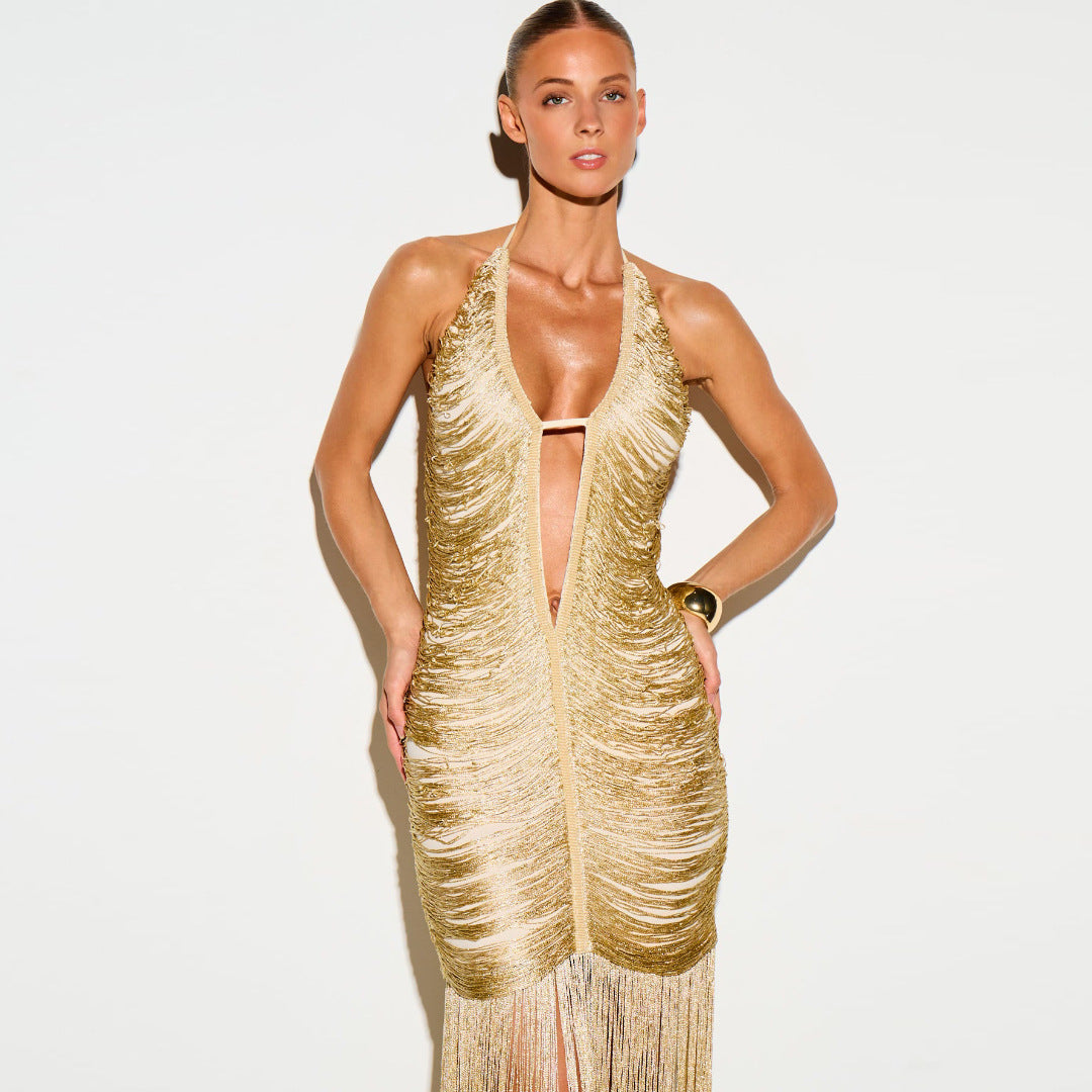 Sexy strapless deep V-neck long dress
