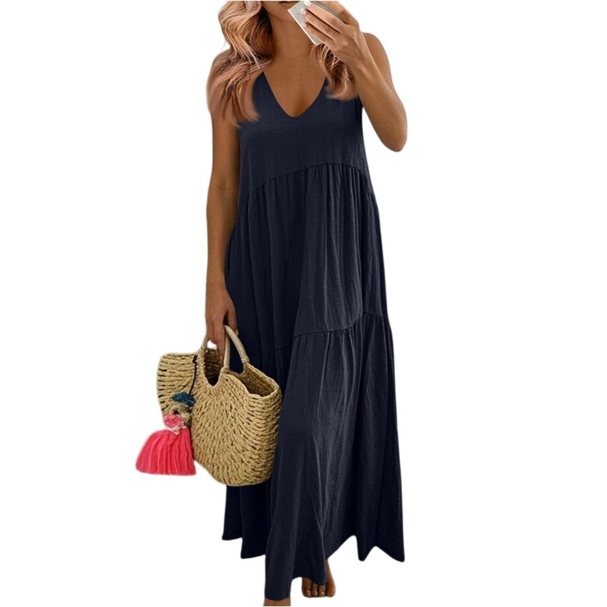 Women's Cotton V-Neck Sleeveless Bohemian Layered Maxi Dress