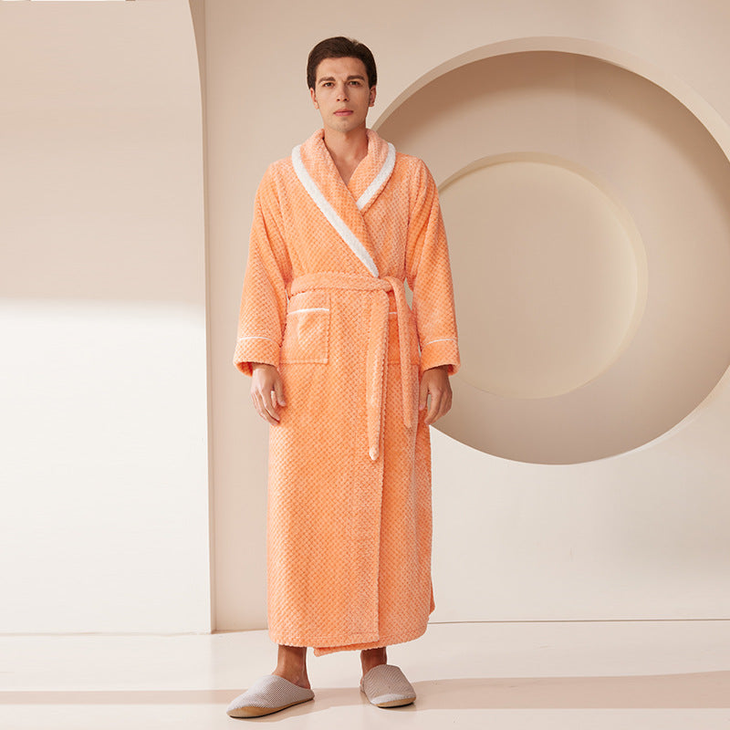 Long Thick Flannel Couple Bathrobe with Lapel Collar