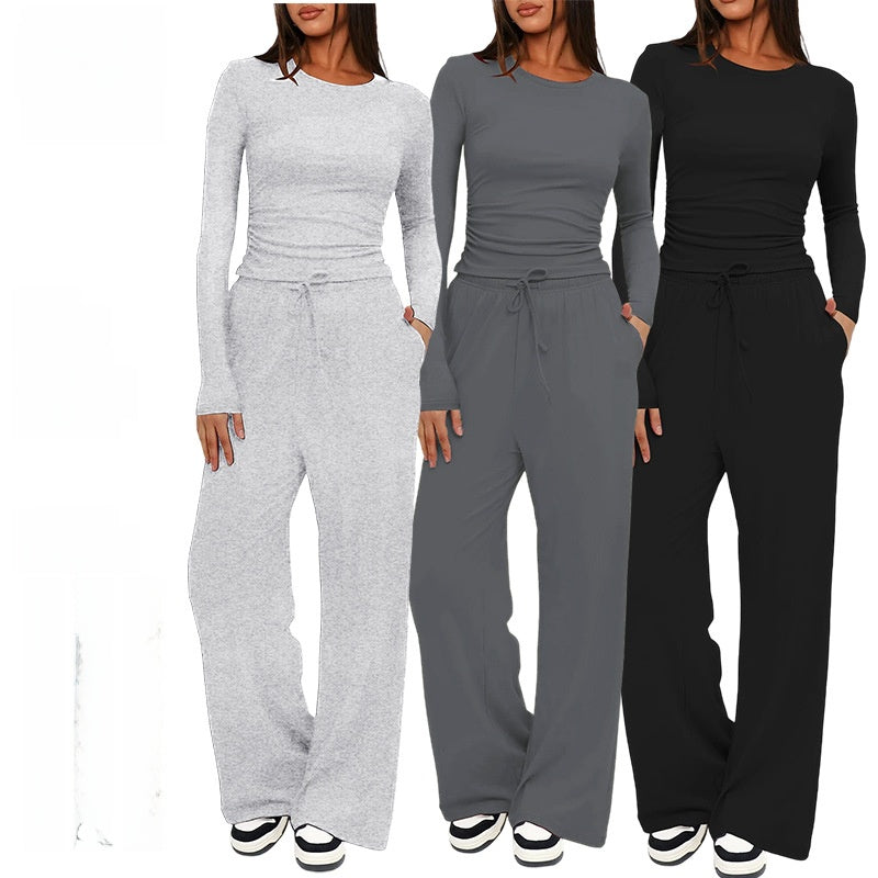 Solid Color Long Sleeve Top and High Waisted Wide Leg Pants Sportswear Set