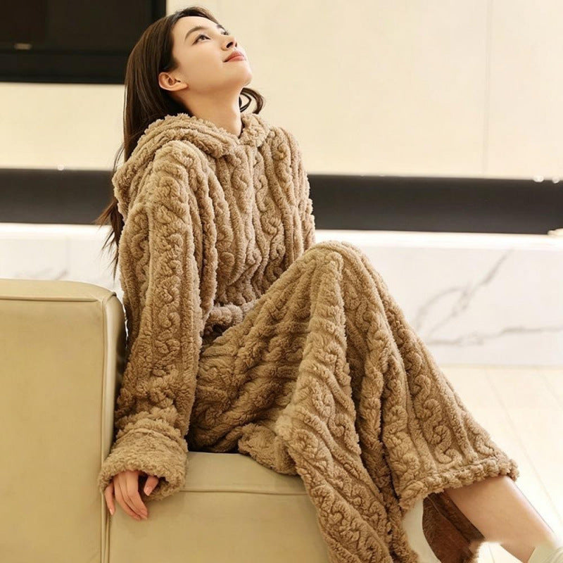 Women Hooded Coral Fleece Warm Long Sleeve Nightgown
