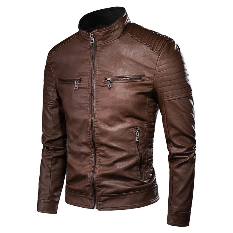 Mens Slim Fit Stand Collar PU Leather Jacket Casual Coat
