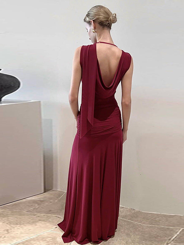 Elegant V-Neck Backless Mesh Long Dress