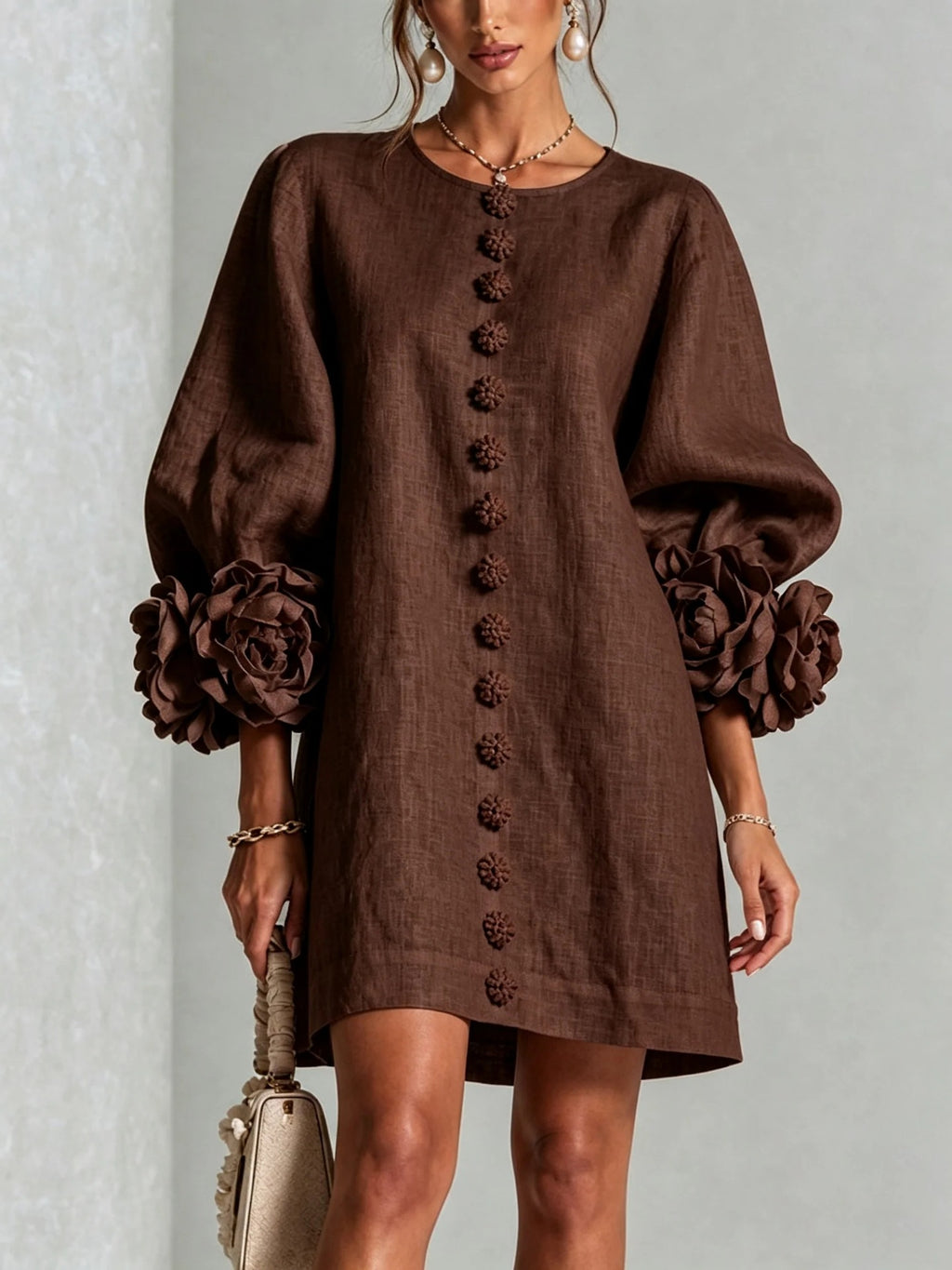 French Floral Cotton Linen A-Line Dress