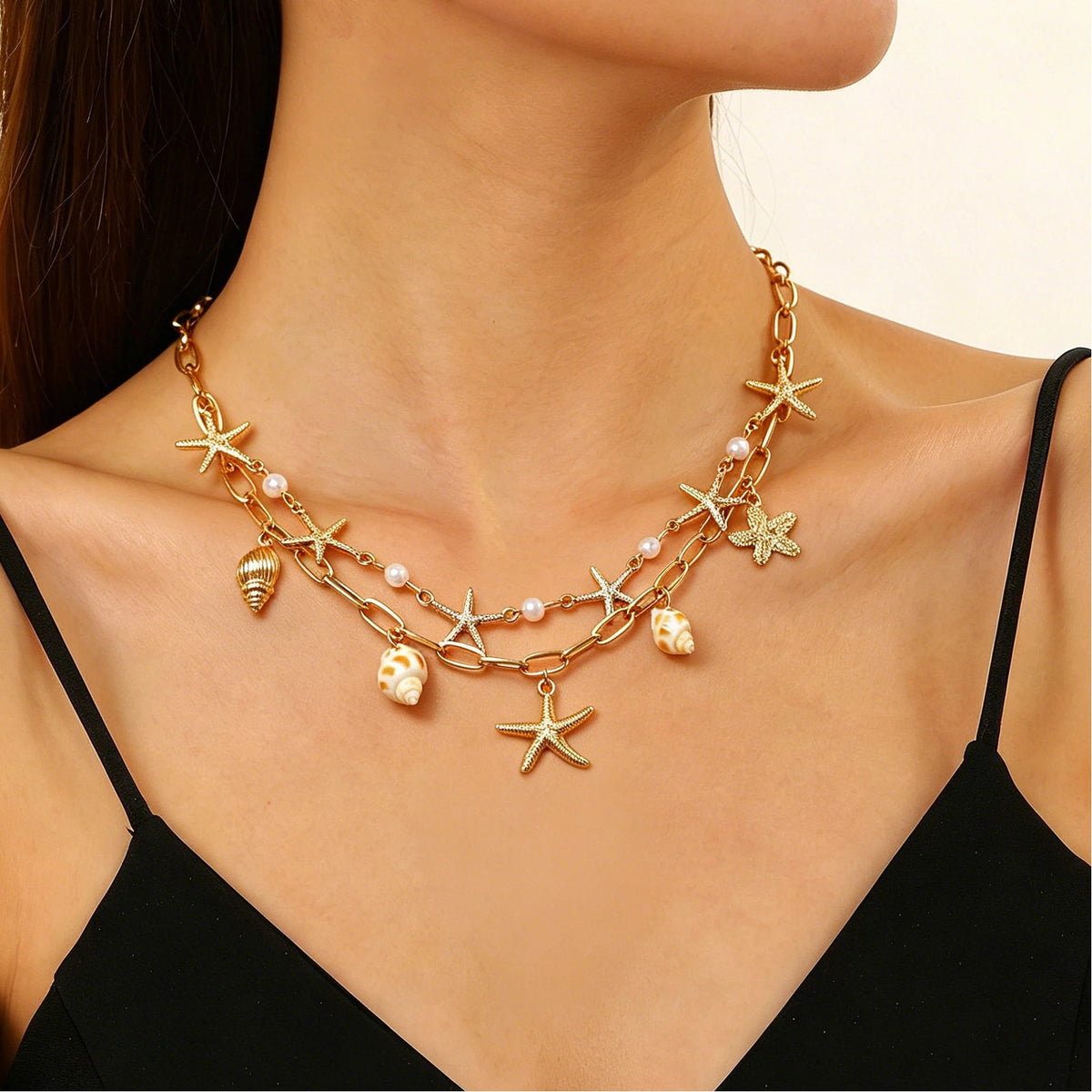 Layered Shell Pearl Starfish Pendant Bohemian Necklace