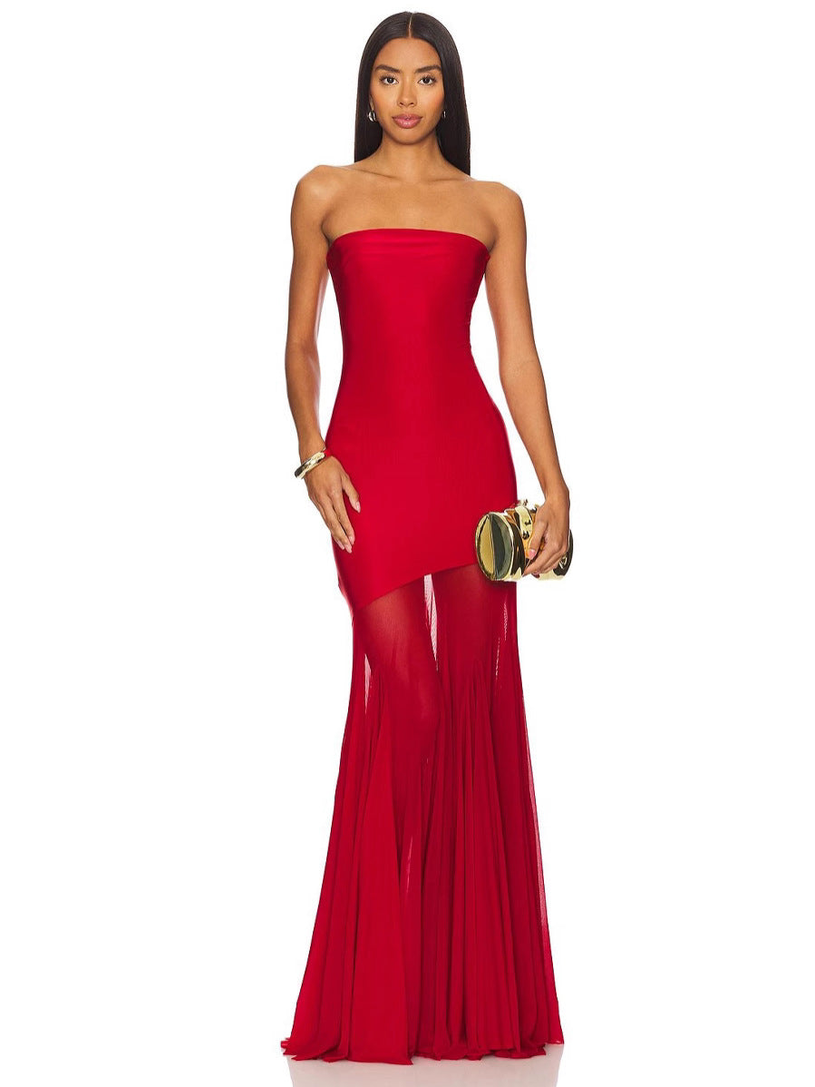 A full-skirted net-silk plain-colored long dress