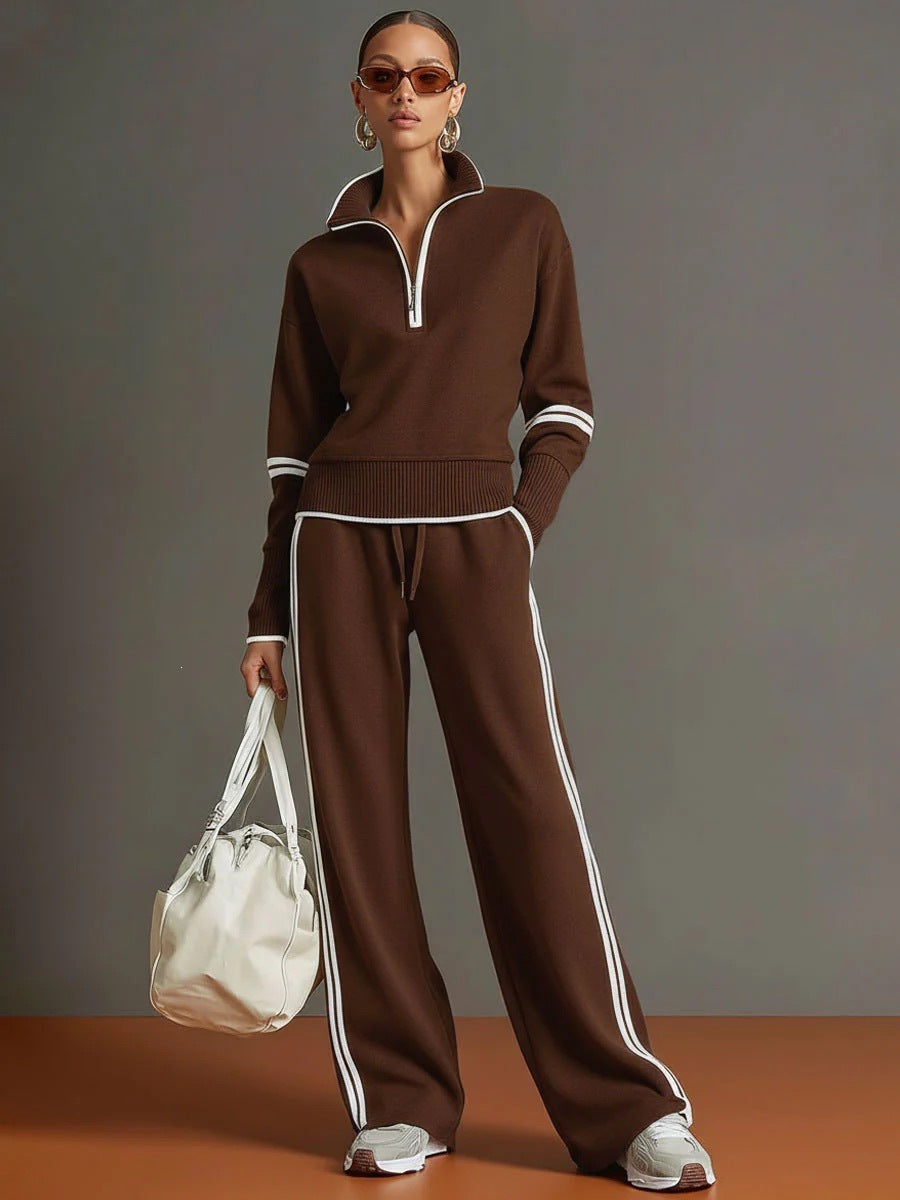 Women's Half Zip Knit Set with Wide Leg Pants