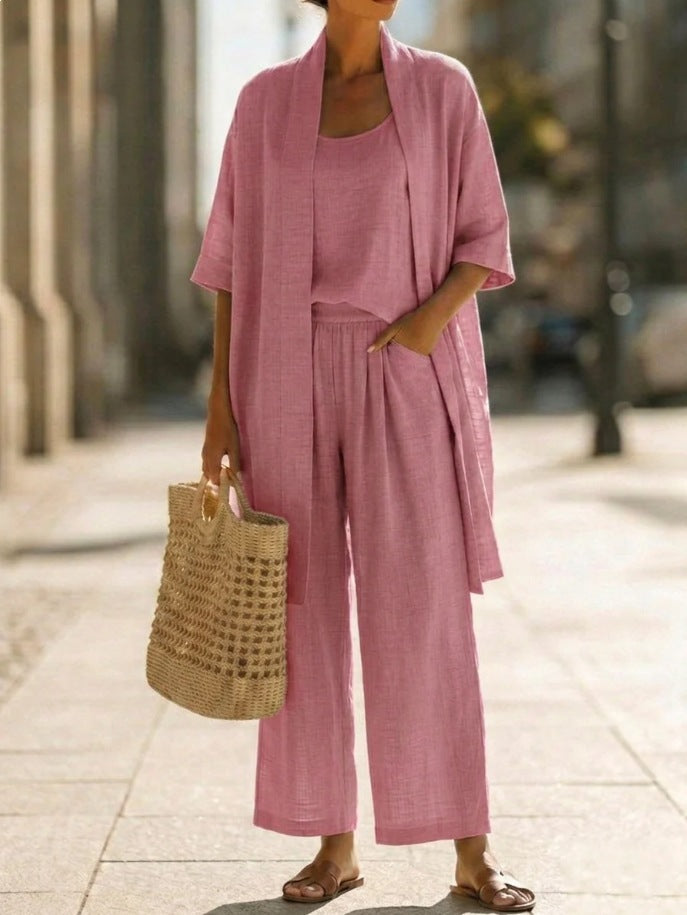 Women Summer Cotton Linen Solid Color Three Piece Cardigan Set Casual Pants Suit