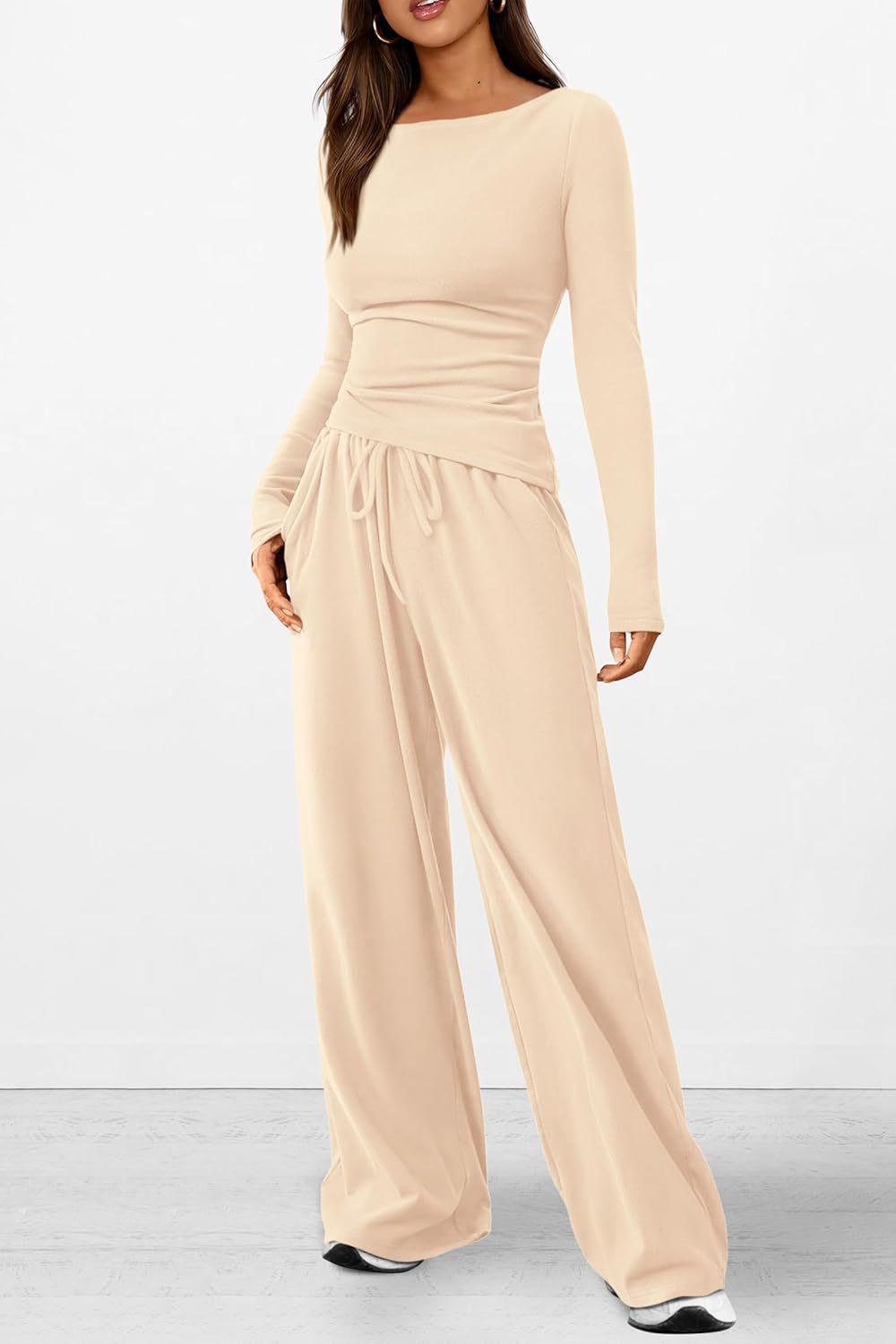 Women Asymmetric Long Sleeve T-Shirt and Wide Leg Pants Set