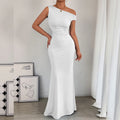 One-Shoulder Fishtail Hem Pleated Waist Long Sleeveless Dress