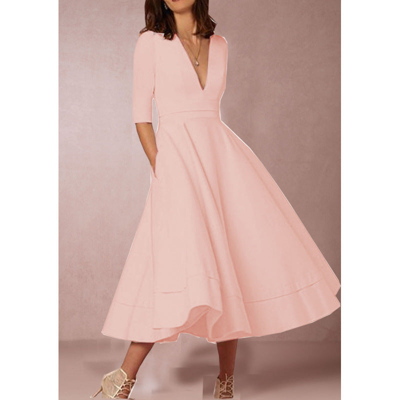 Womens Sexy Deep V Mid Sleeve Solid Color Splicing Swing Dress