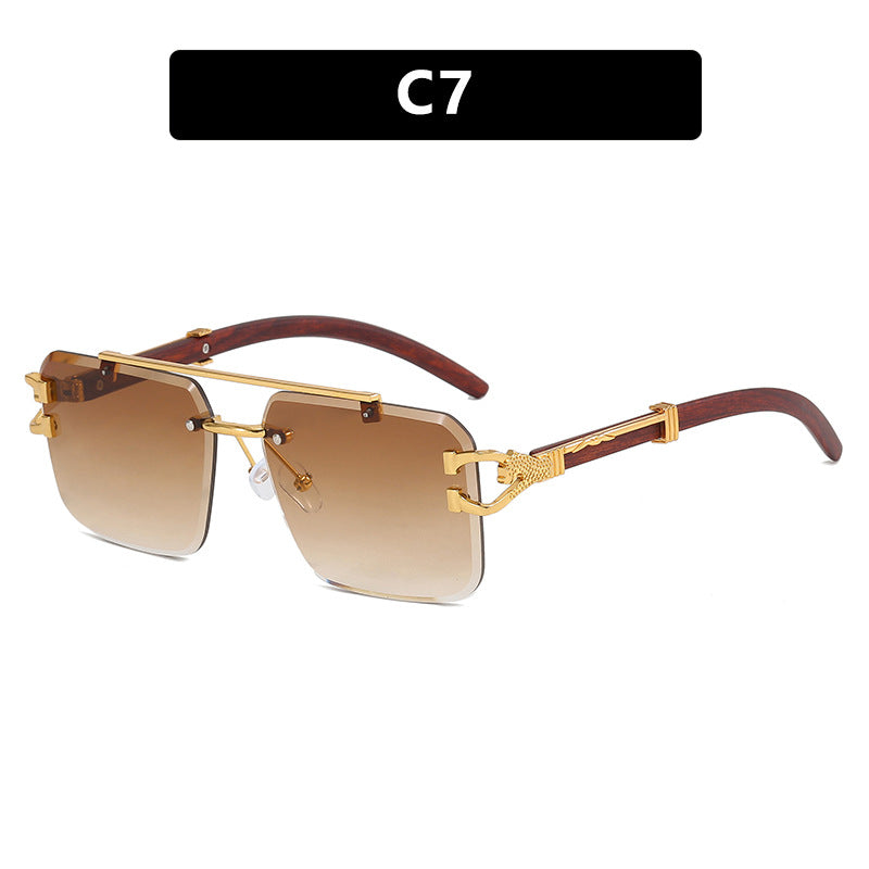 Double Beam Rimless Square Sunglasses Wood Grain UV Protection