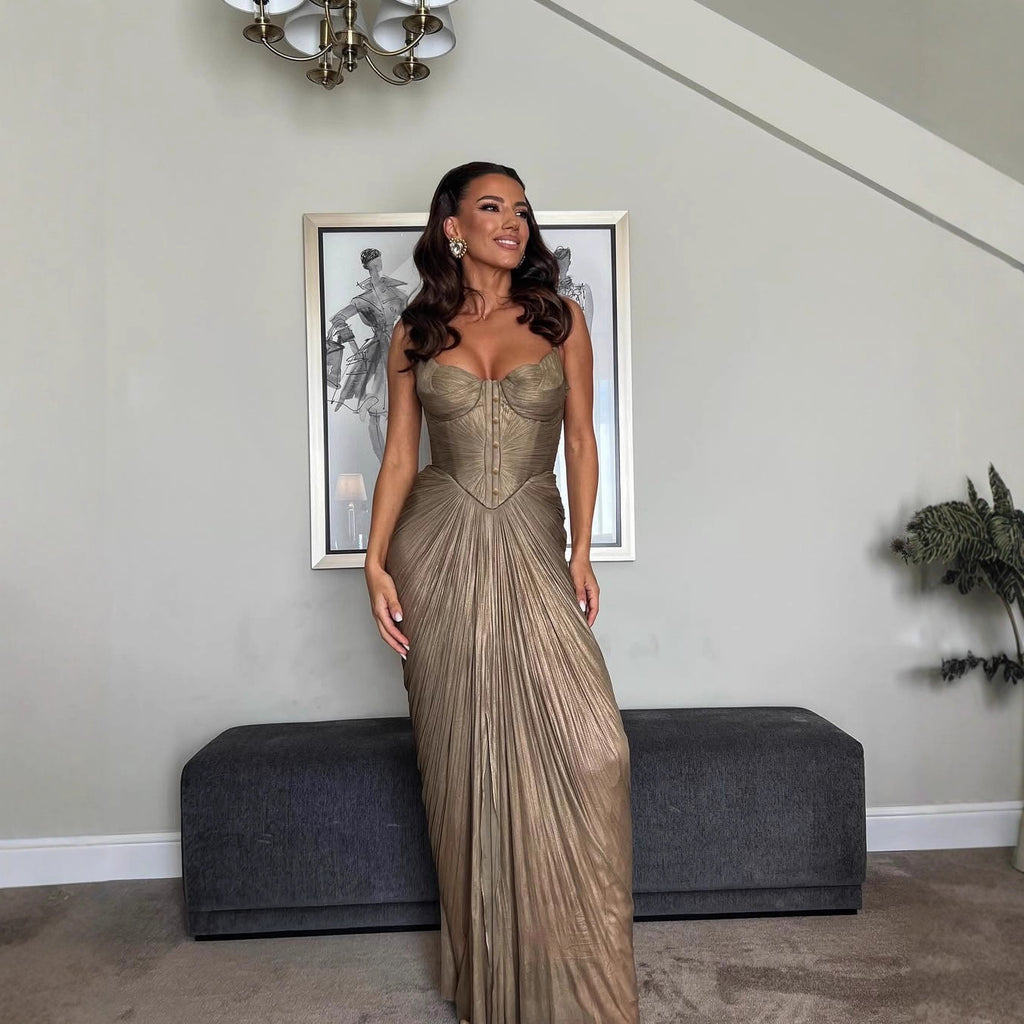 Pleated Gold Lace Up Dress