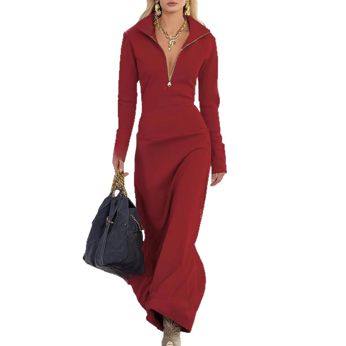 Womens Half Zip Polo Collar Long Sleeve Dress
