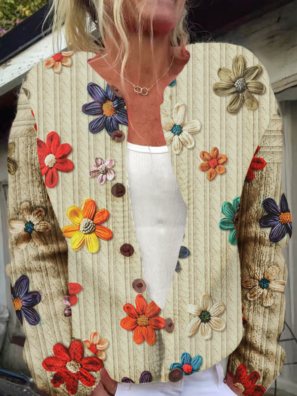 Womens 3D Printed Loose Cardigan