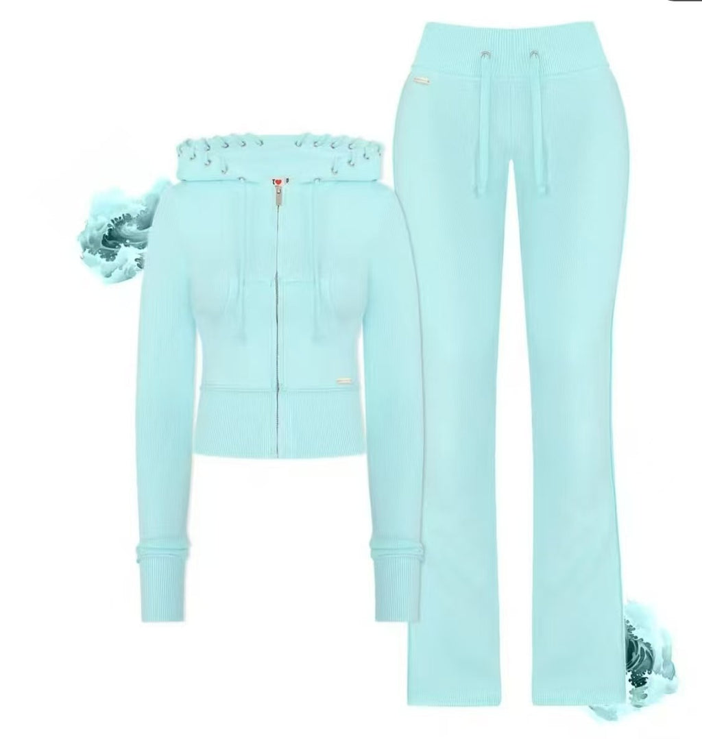 Women's Short Zip-Up Hoodie and Flared Pants Two-Piece Set