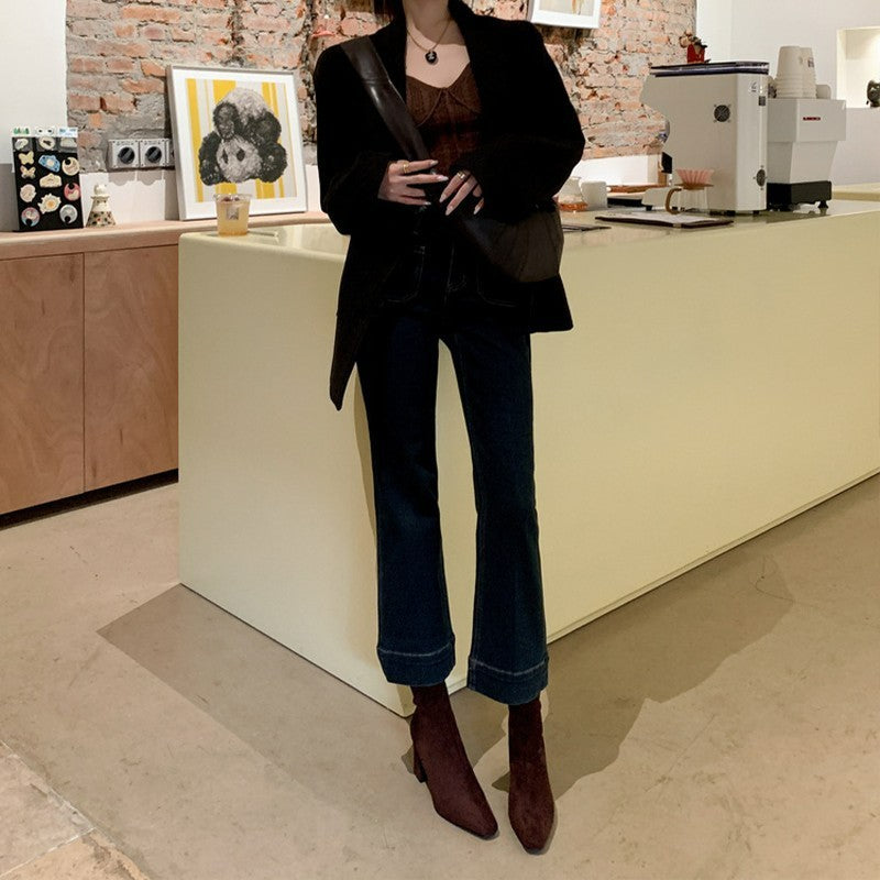 Women Suede Square Toe Thick Heel Back Zipper Short Boots