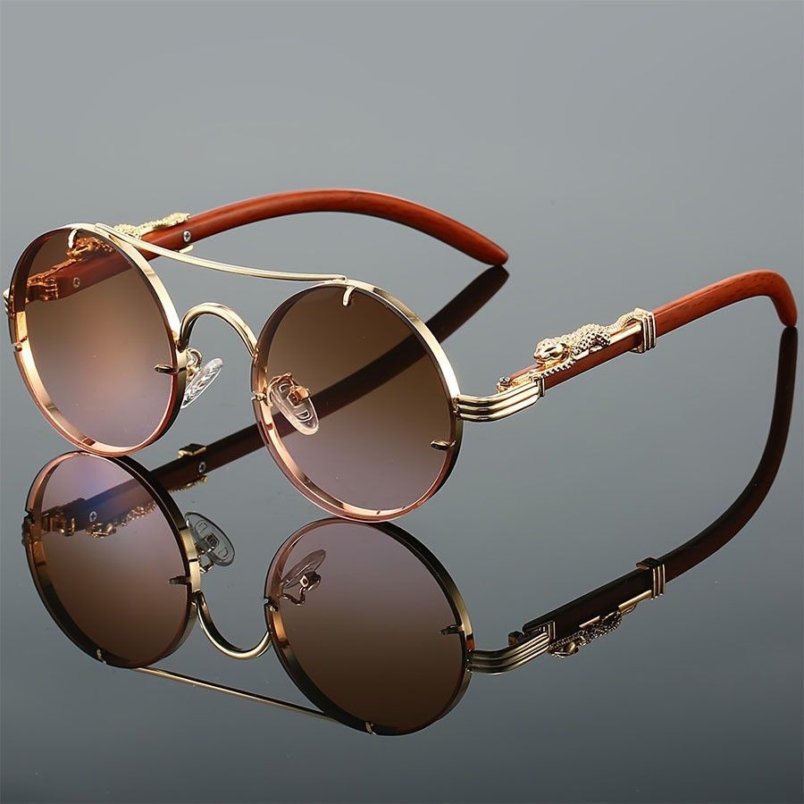Retro Metal Round Sunglasses with Leopard Head Design