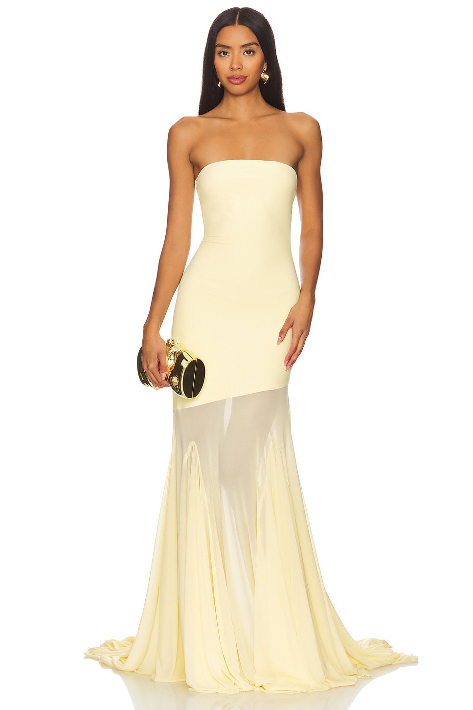 A full-skirted net-silk plain-colored long dress