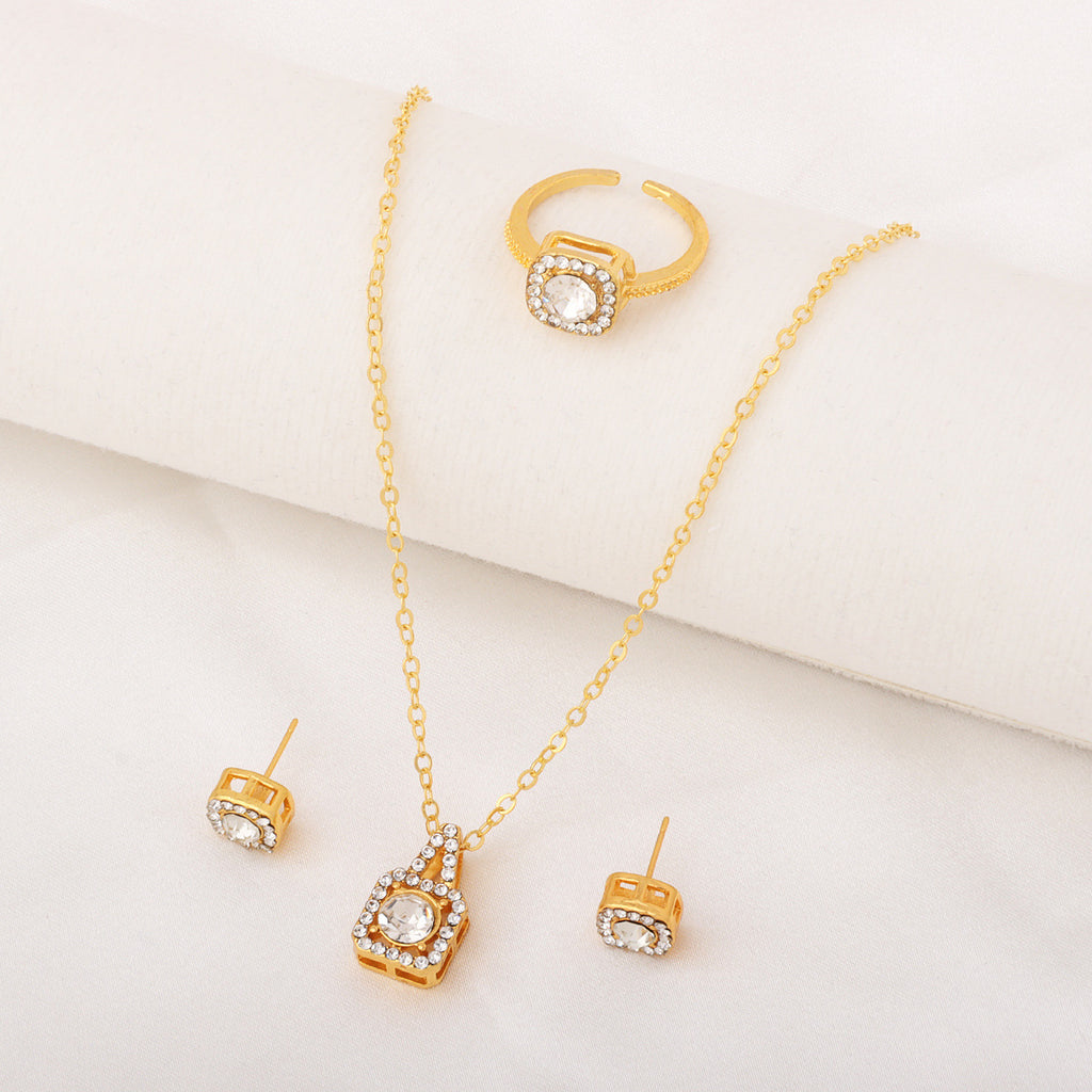 Square Rhinestone Jewelry Set Necklace Ring Earrings