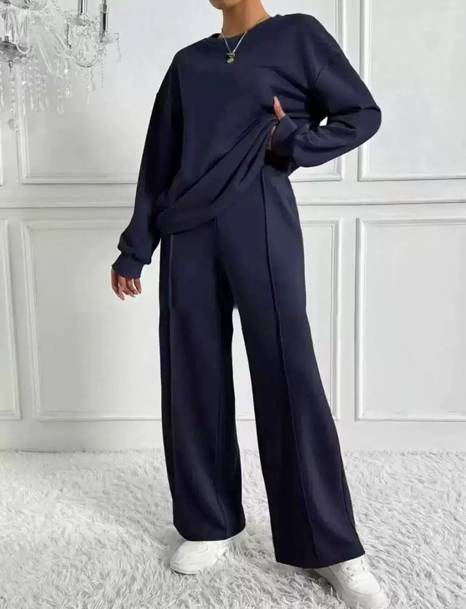 Women's Solid Color Round Neck Long Sleeve Pants Suit Casual Two-Piece Set