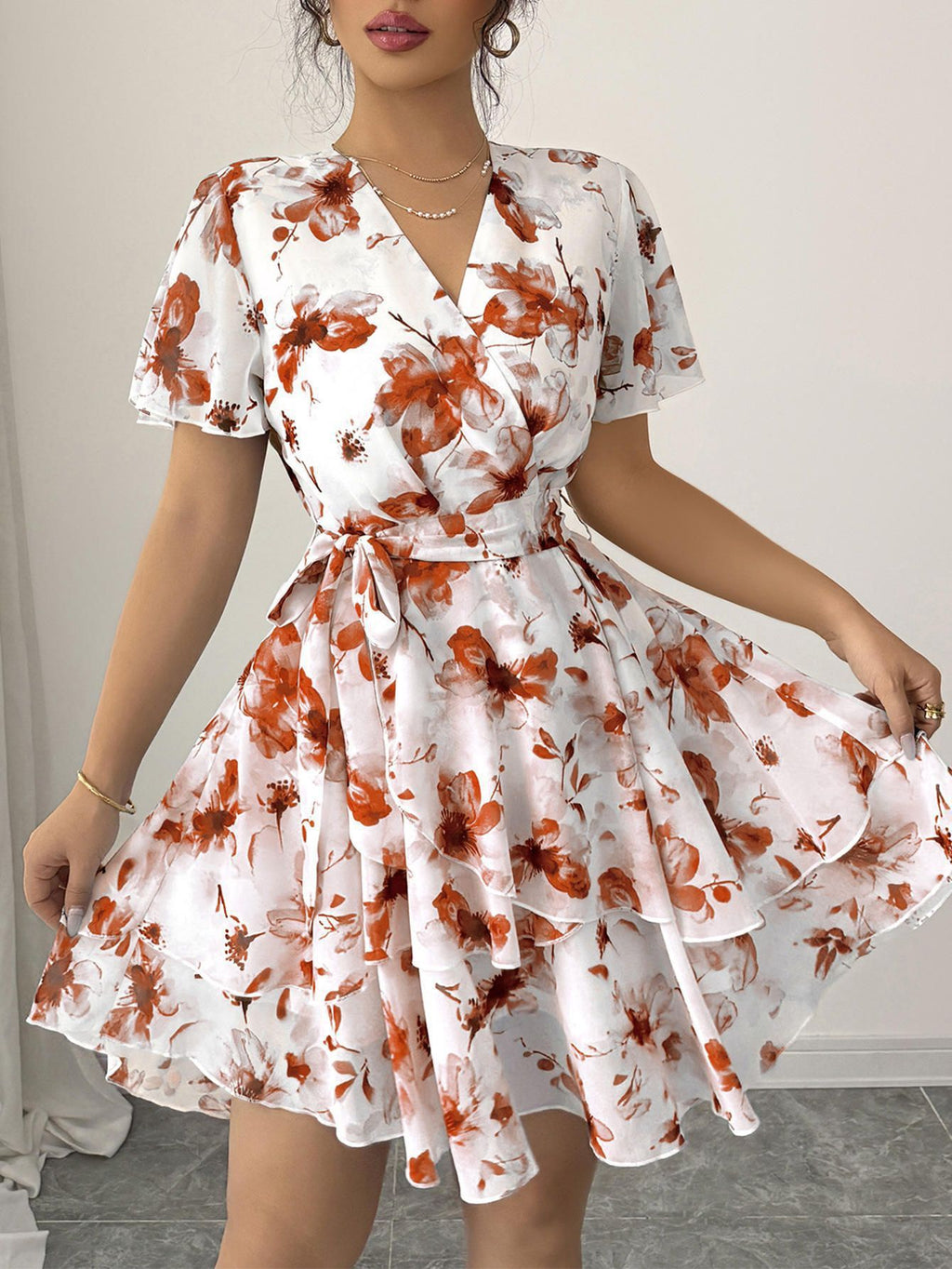 Womens Floral Print V-Neck Short Sleeve Bohemian Swing Dress