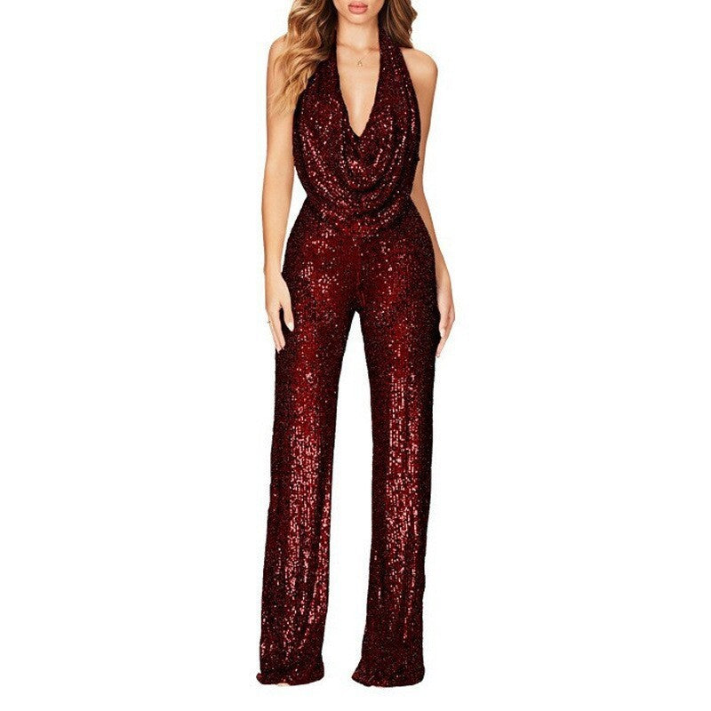 Women's Sparkly Sequin Halter Neck Jumpsuit Slim Fit Long Pants One Piece Evening Dress