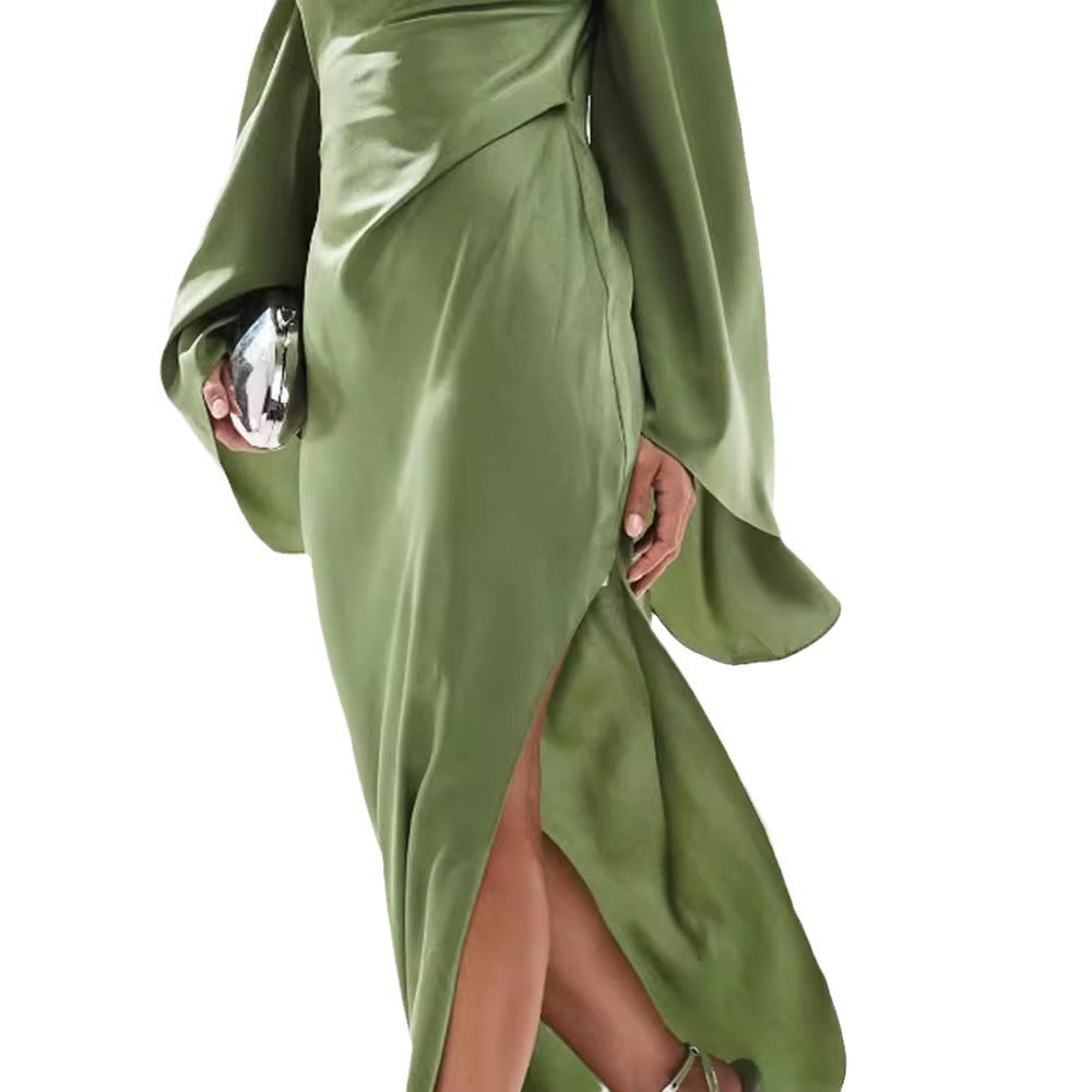 Women's Satin Women's Maxi Dress ? Green Asymmetrical Hem Satin Maxi Dress