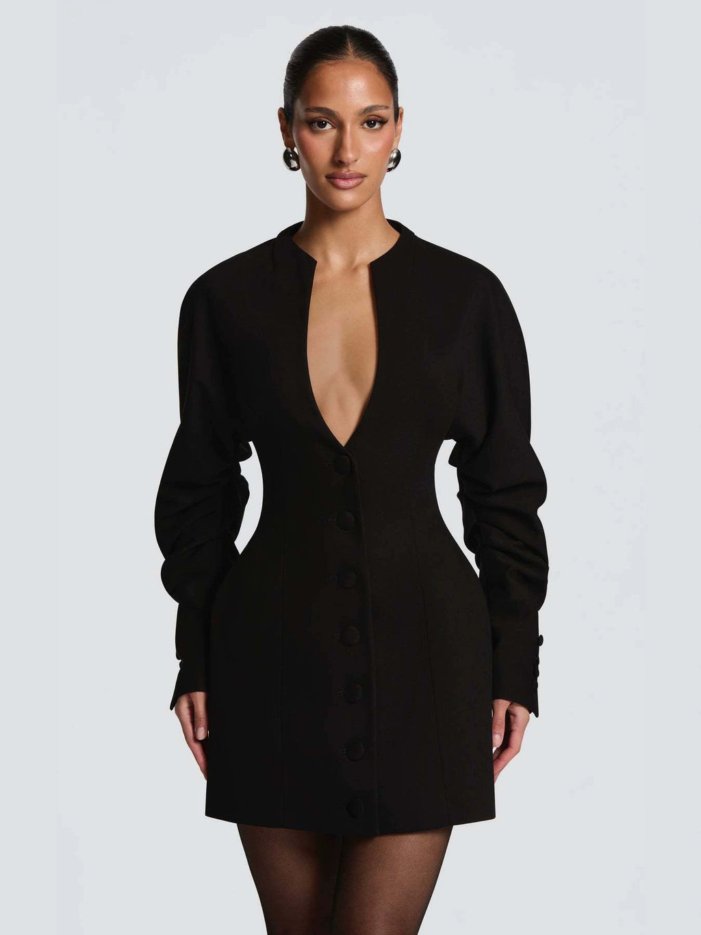 Women's Solid Mid-Length Slim Fit Boucle V-Neck Coat