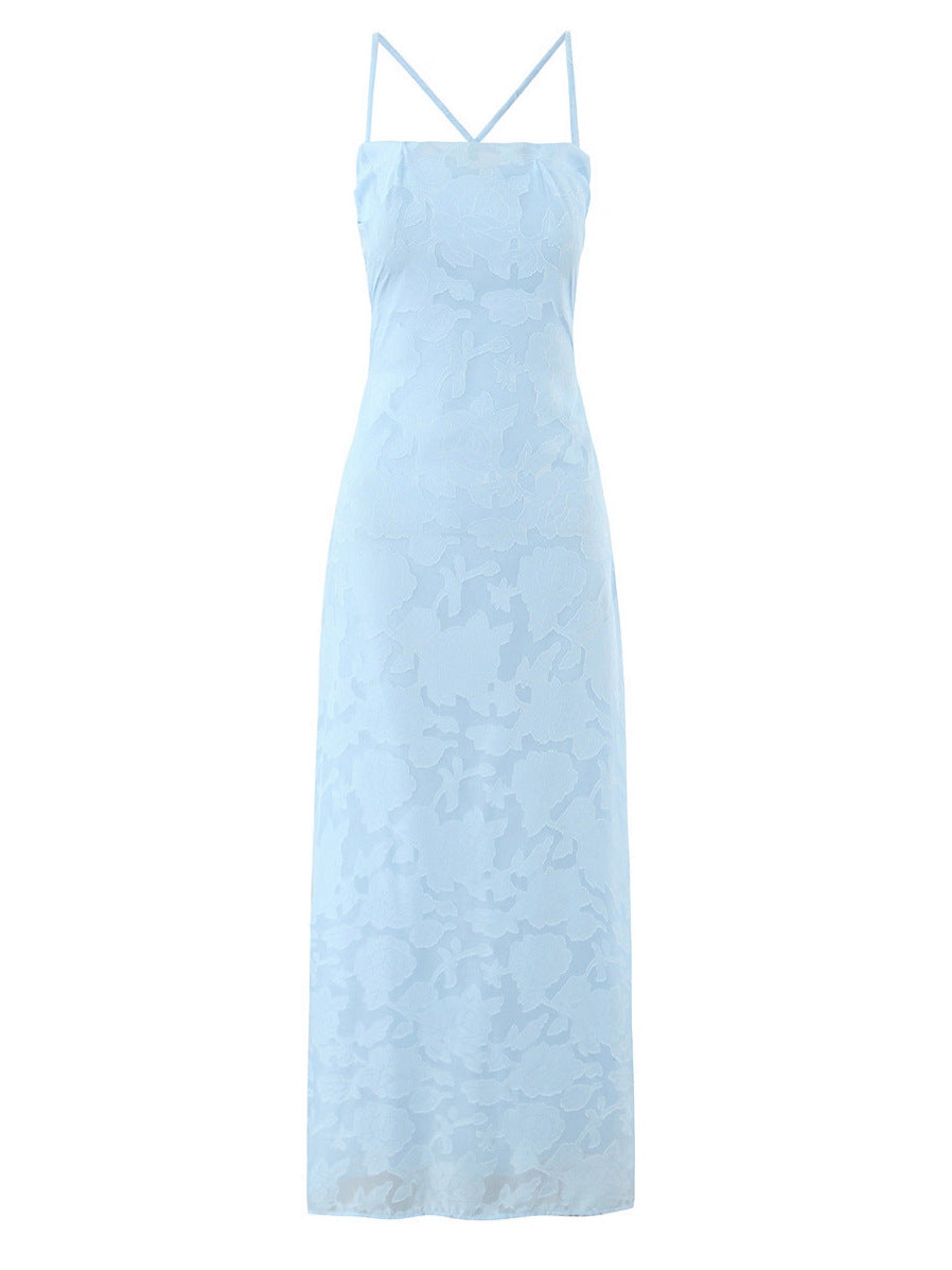 Blue Jacquard Backless Long Dress
