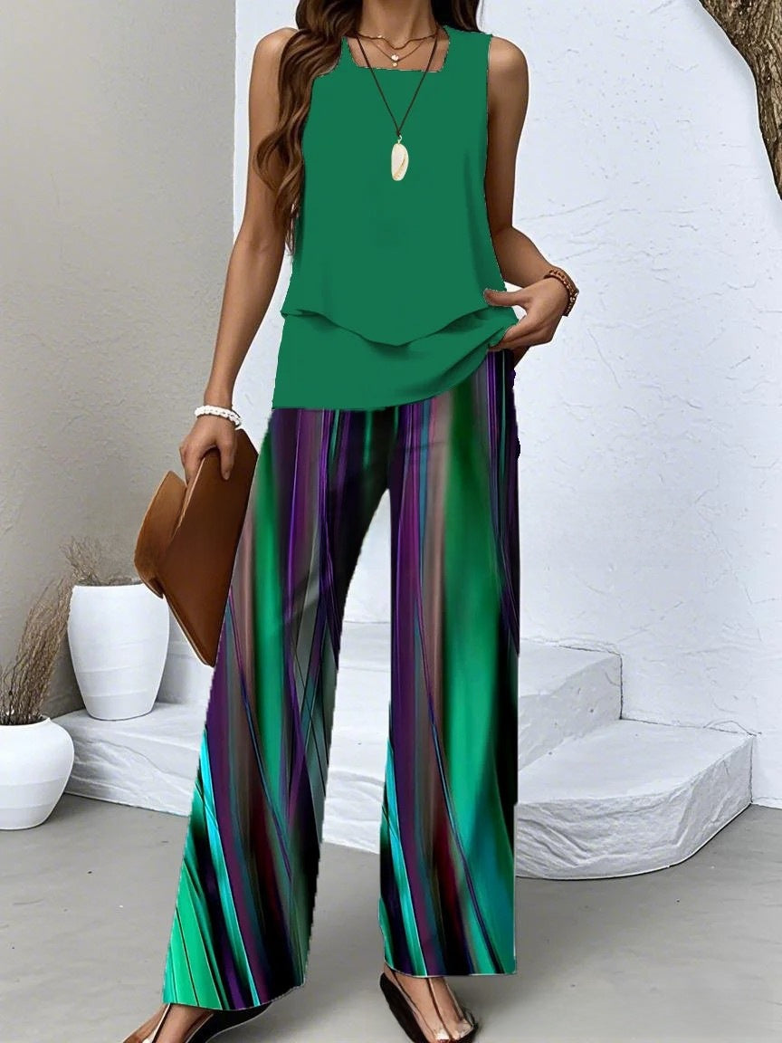 Womens Sleeveless Double-Layer Vest Top and Pants Set