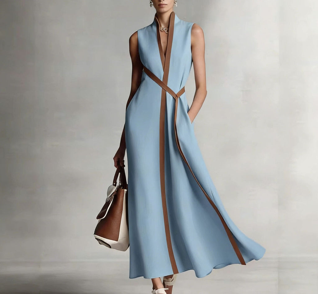 Stand Collar Sleeveless Color Block Loose Dress