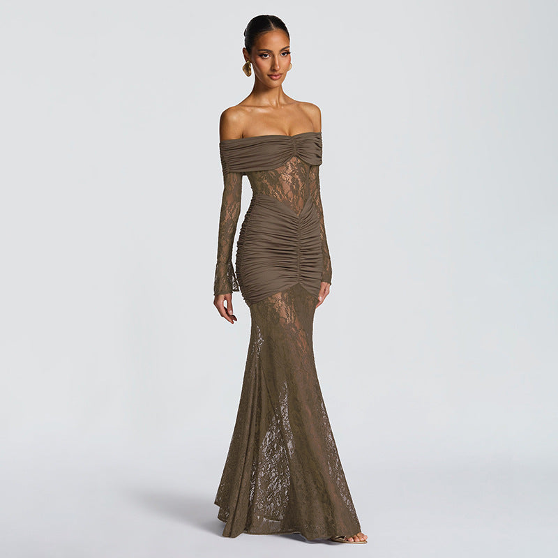 Women?s Sexy Off-Shoulder Cut-Out Long Sleeve Mermaid Maxi Dress Party Gown