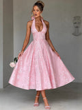 V-Neck Halter Jacquard Evening Dress