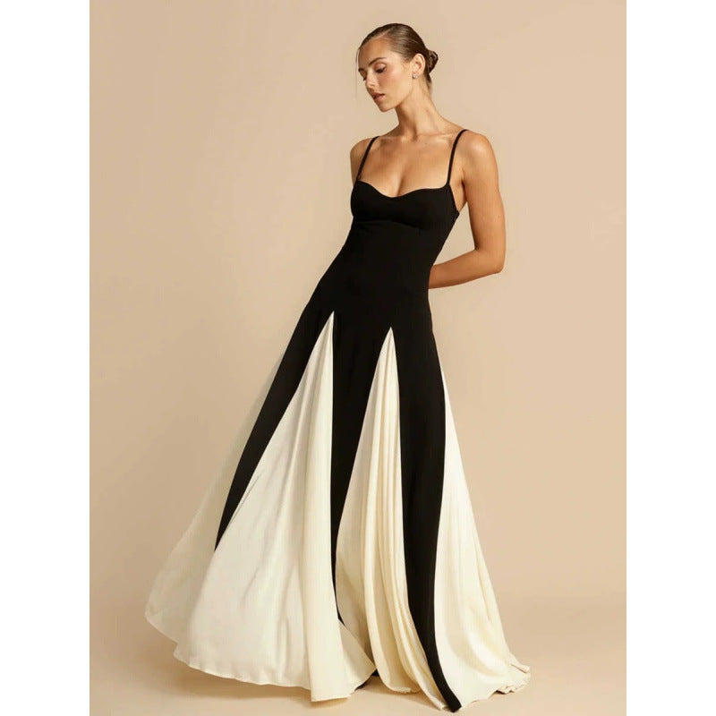 French Style Black White Color Block Slim Fit Long Dress
