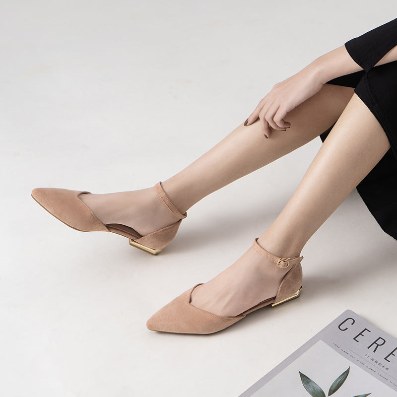 Women Pointed Toe Flat Shoes Suede Ankle Strap