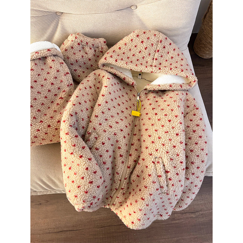 Women's Christmas Polka Dot Three-Layer Quilted Cotton Fleece-Lined Hooded Pajama Set