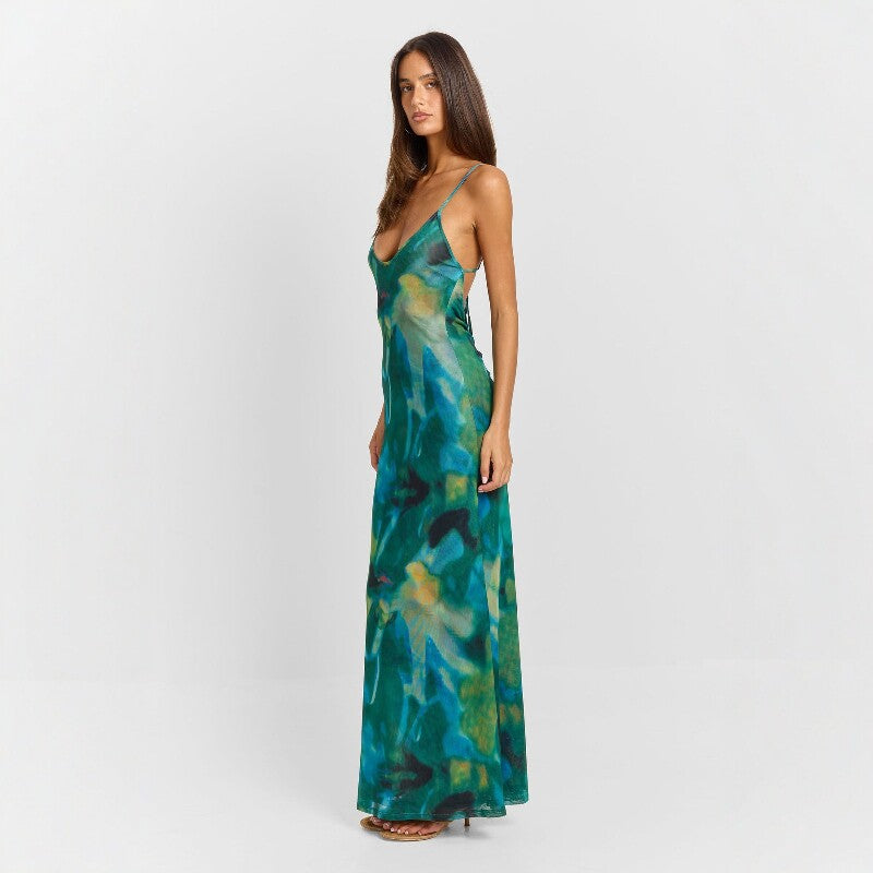Women's Abstract Print U-Neck Backless Fishtail Hem Dress