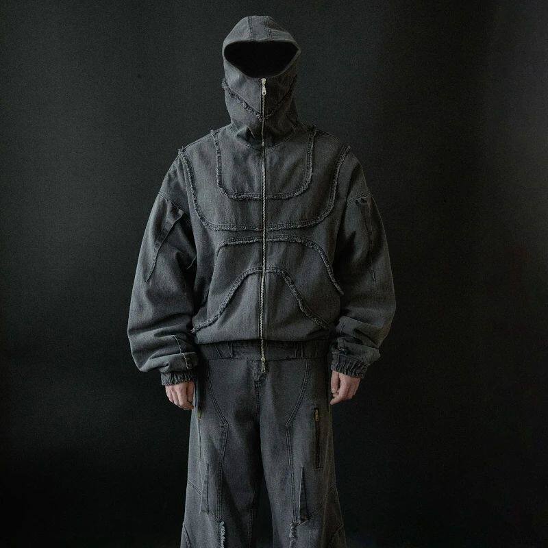 Washed Denim Jacket Y2K Double Zipper Stitching Flared Streetwear Gothic Oversized Unisex