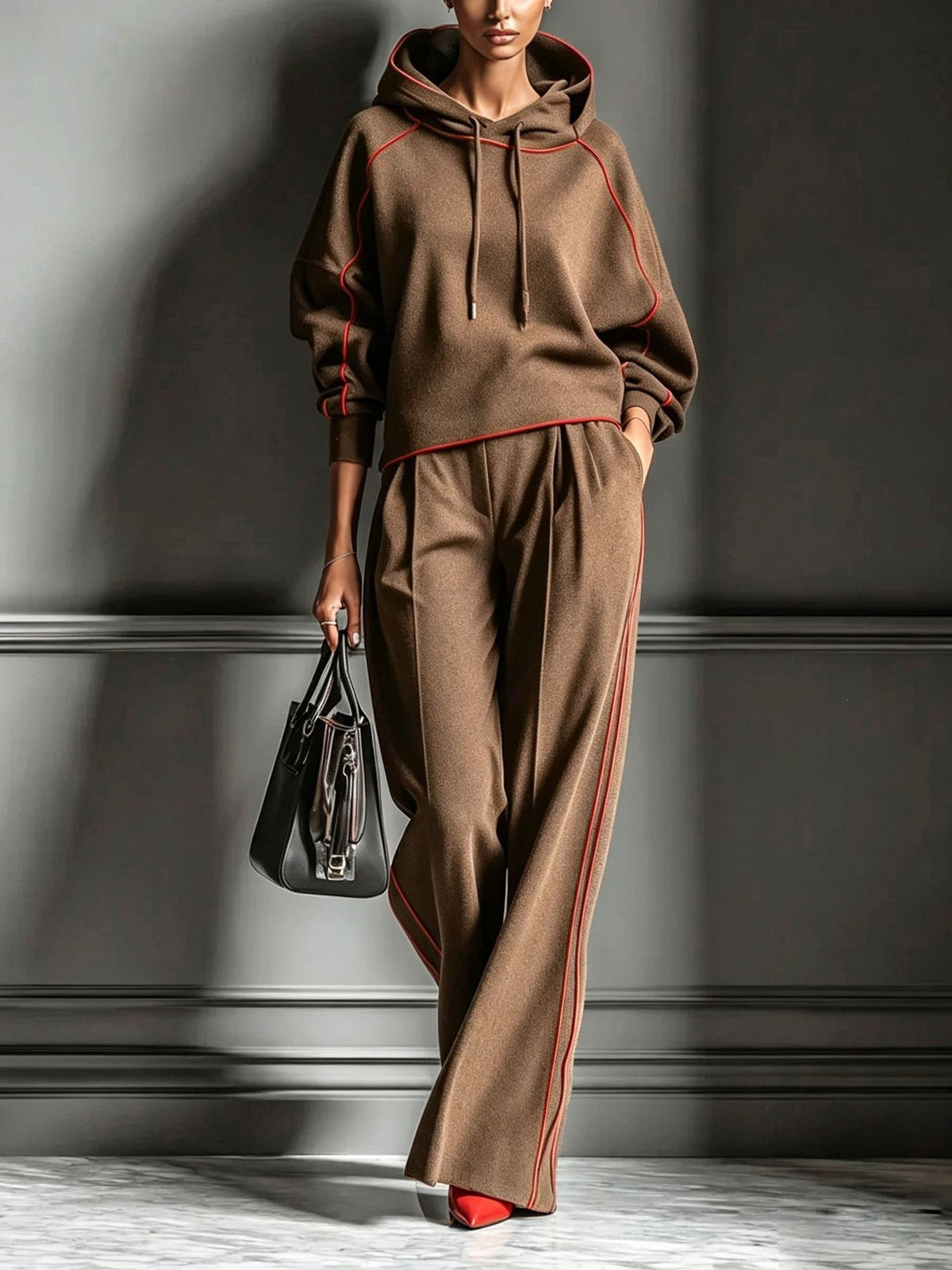 Women's Casual Color Block Hooded Sweatshirt and Pants Two-Piece Set