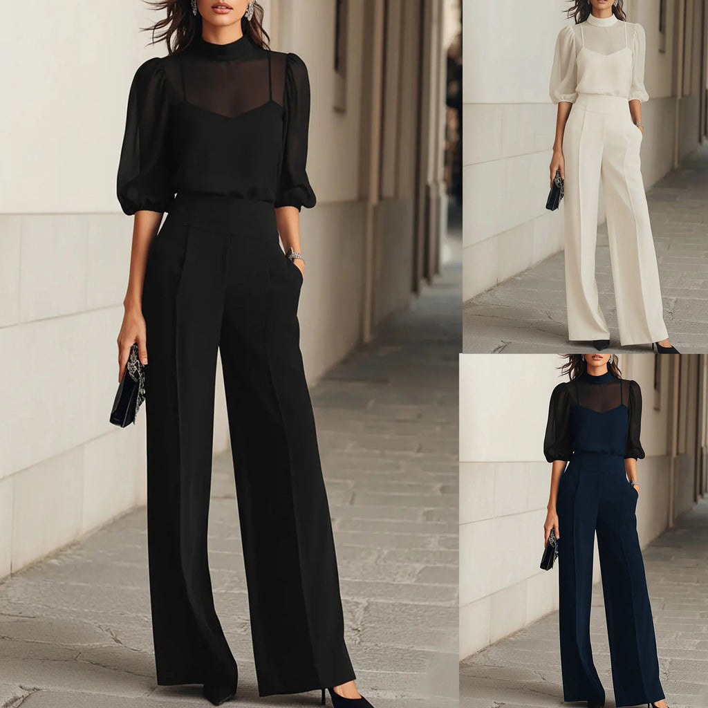 Women's Sheer Patchwork Wide-Leg Pants Set Two-Piece Outfit