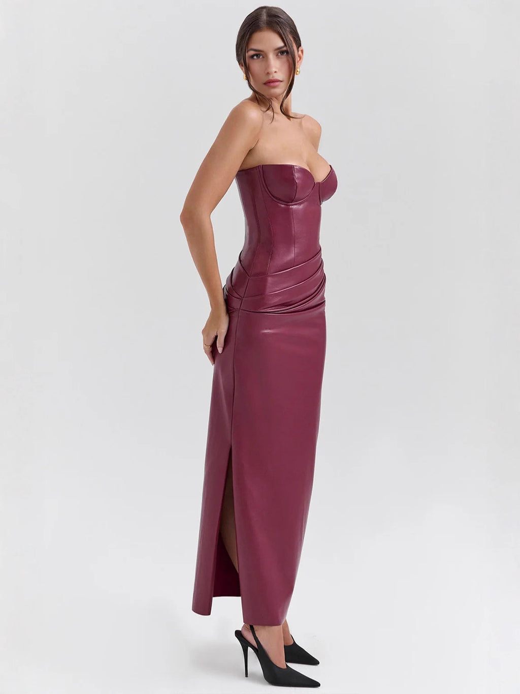 Women's PU Leather Strapless Slit Bodycon Evening Dress