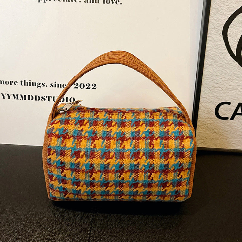 Classic Houndstooth Bucket Handbag Cute Portable Corduroy Makeup Gift Bag