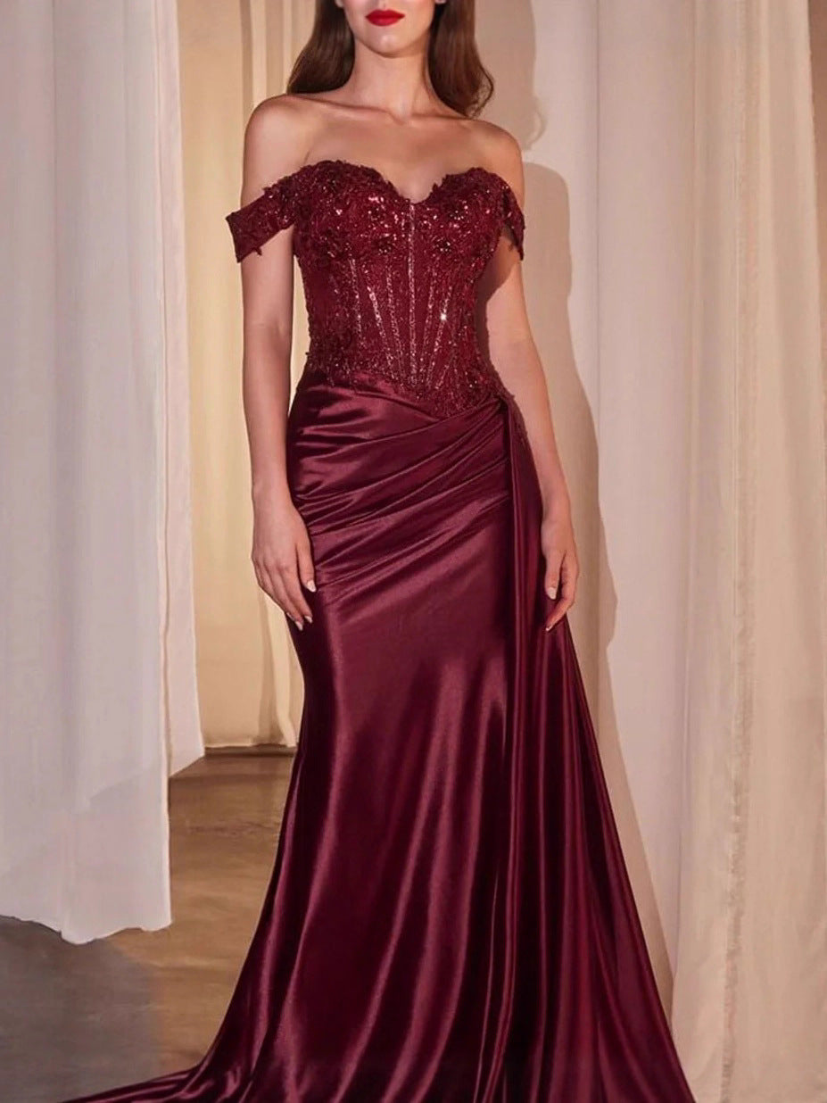 Off Shoulder Sequin Pleated Satin Evening Dress With Slit
