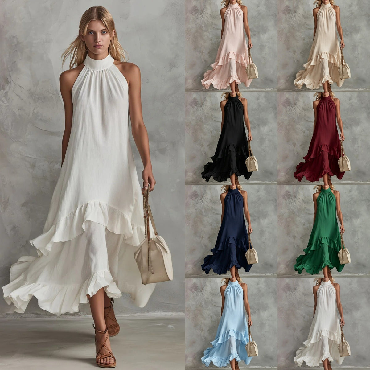 Women's Sleeveless Halter Ruffle Hem Mid-Length Summer Dress