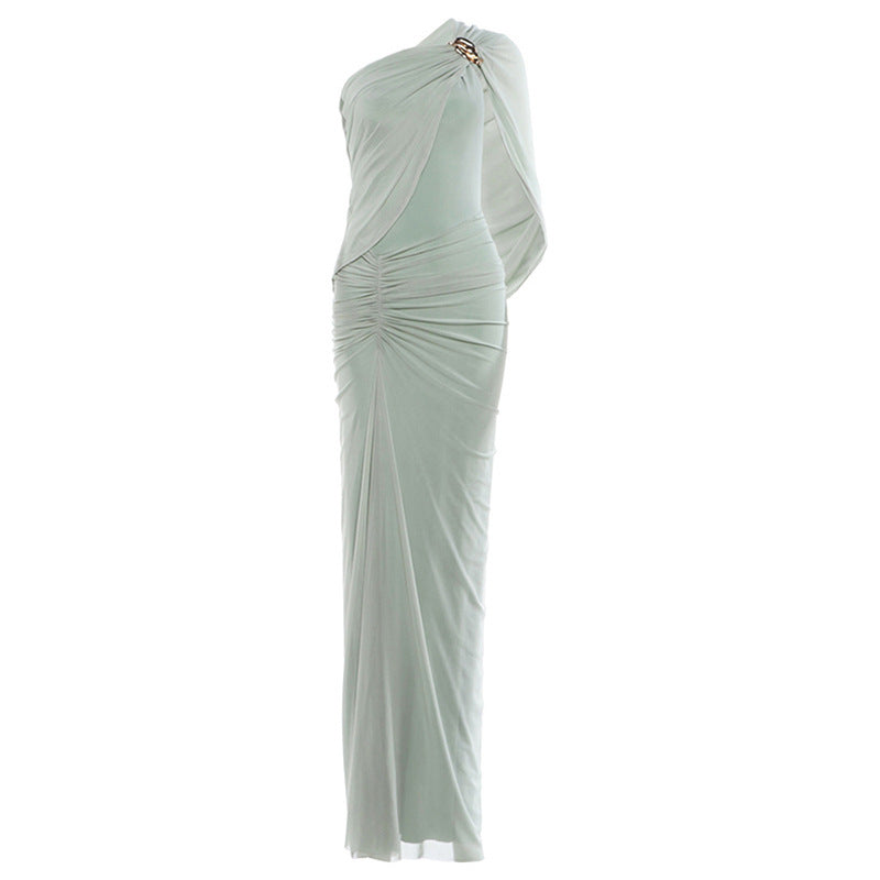 Women Vintage Pleated High Waist Irregular Hem Long Dress Sleeveless Slim Fit Casual Maxi Dress